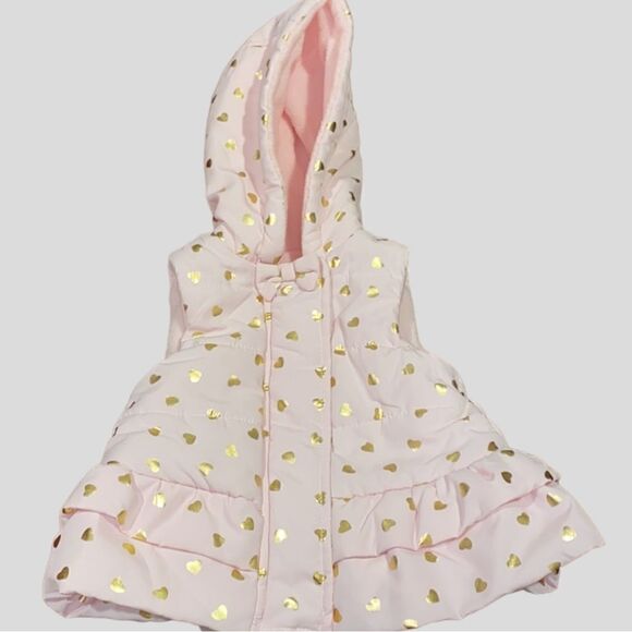 Little Me Pink & Gold Hearts Puffer Hoodie Vest Size 12 Months - Picture 2 of 9